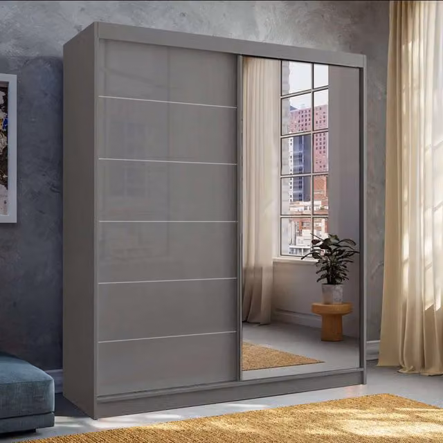 MN Furniture High Gloss Sliding Mirror Wardrobe with Integrated LED Lighting, Grey, W: 150 cm, H: 200 cm