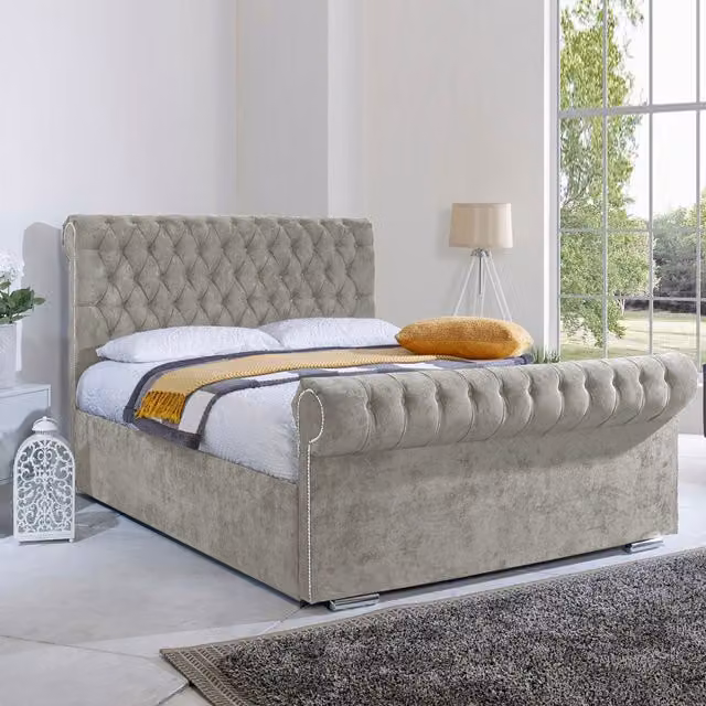 Desire Deco Royal Sleigh Bed Frame in Silver Velvet Fabric, 200 x 200 cm