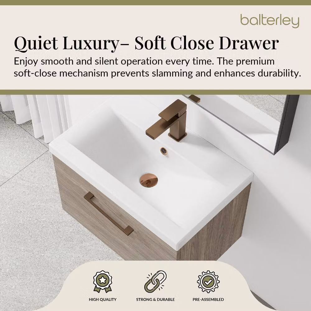 Balterley Mid Oak Wall Hung 1 Drawer Vanity Basin Unit with Bronze Handle in Brown – 3