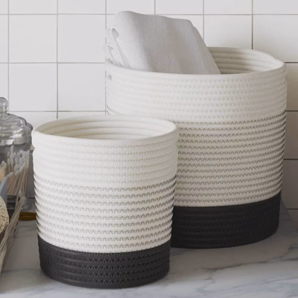 Berkfield Home Set of 2 Open Weave Cotton Storage Baskets in White, Black and Multicolour – 2