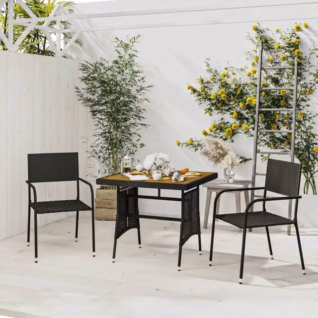 Berkfield Home 3 Piece Black Poly Rattan Outdoor Dining Set with Acacia Wood Table and Chairs – 1