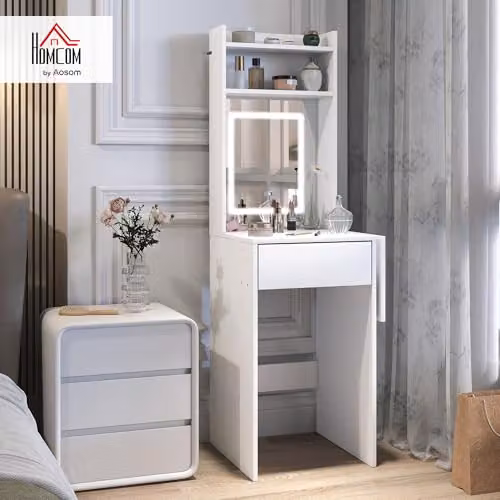 HOMCOM Modern White Drop Leaf Dressing Table with LED Hollywood Mirror and Storage Shelves W/D/H: 100 x 45 x 152 cm – 2