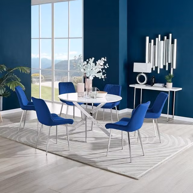 FurnitureboxUK Novara White High Gloss Dining Table 120cm with 6 Pesaro Silver Chairs in Navy Blue