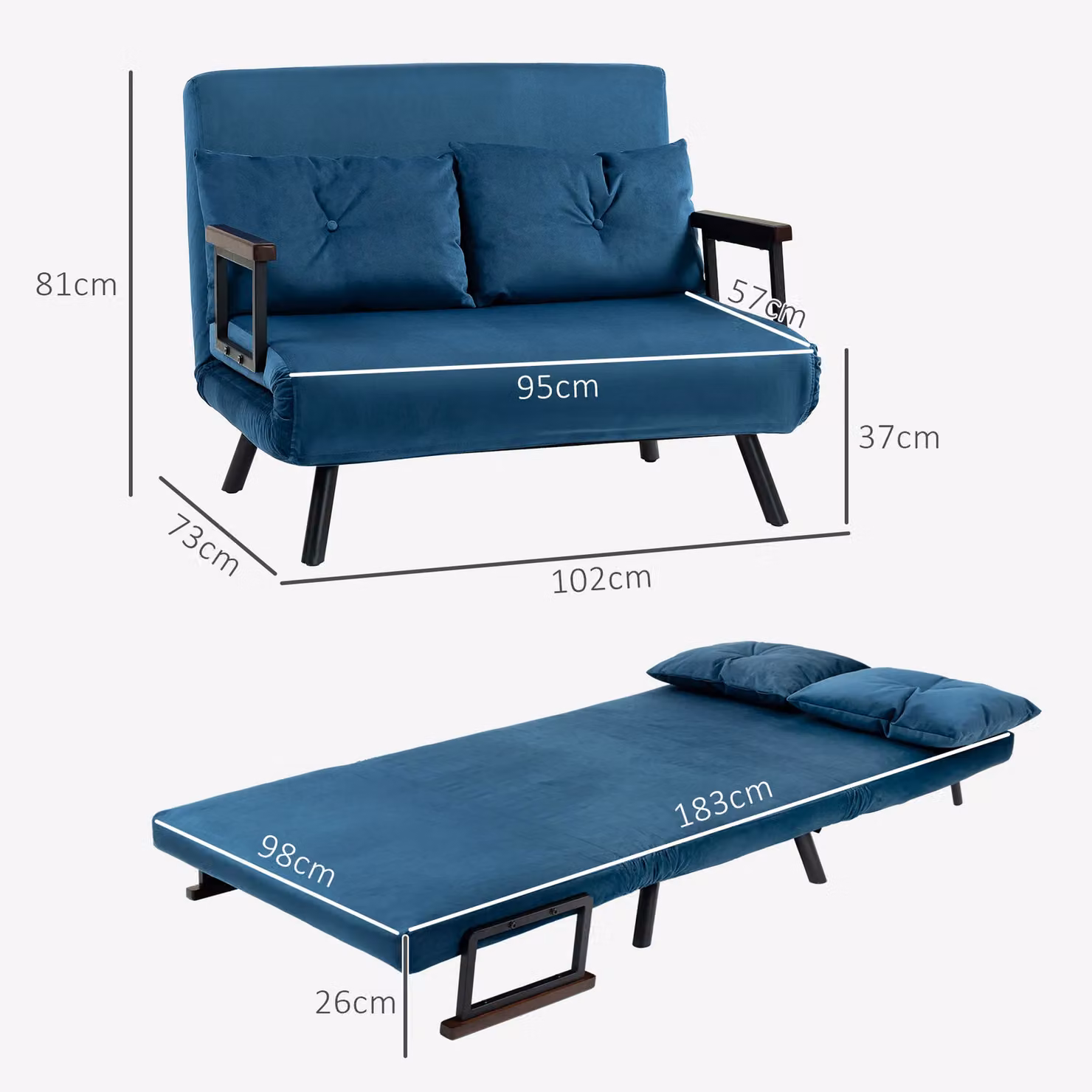 HOMCOM Blue Velvet Click Clack Bed Settee with Metal Frame and Foam Upholstery – 3
