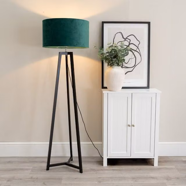 ValueLights Lottie Black Wood Tripod Floor Lamp with Green Fabric Cylinder Shade