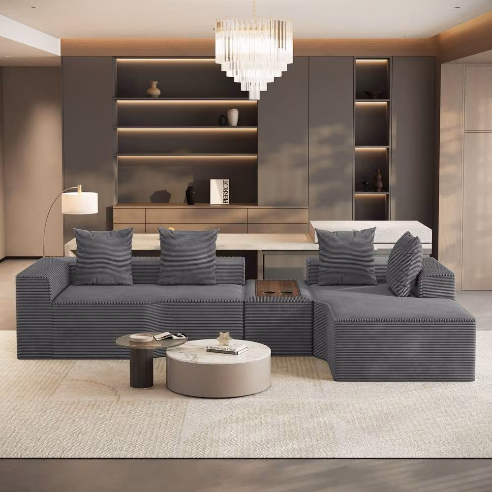 Dprodo Grey Corduroy Right L-Shaped Modular Sofa with Cup Holder Table and Scatter Cushions, 320 cm – 2