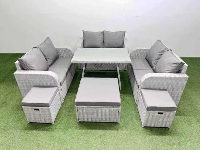 Fimous 9-Seater Patio Set with Rectangular Table, Love Sofa and 3 Stools in Light Grey