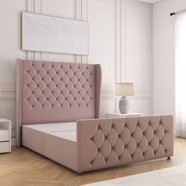 BSSPOKE Anna Divan Bed Frame with 54 inch Chesterfield Headboard in Pink Plush Velvet, Small Double, W/D/H: 120 x 200 cm