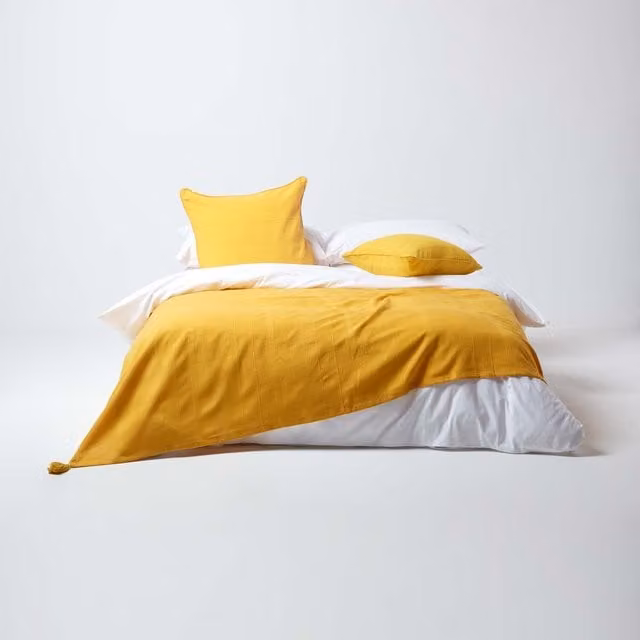 Homescapes Cotton Rajput Ribbed Throw in Yellow, Width: 200 cm