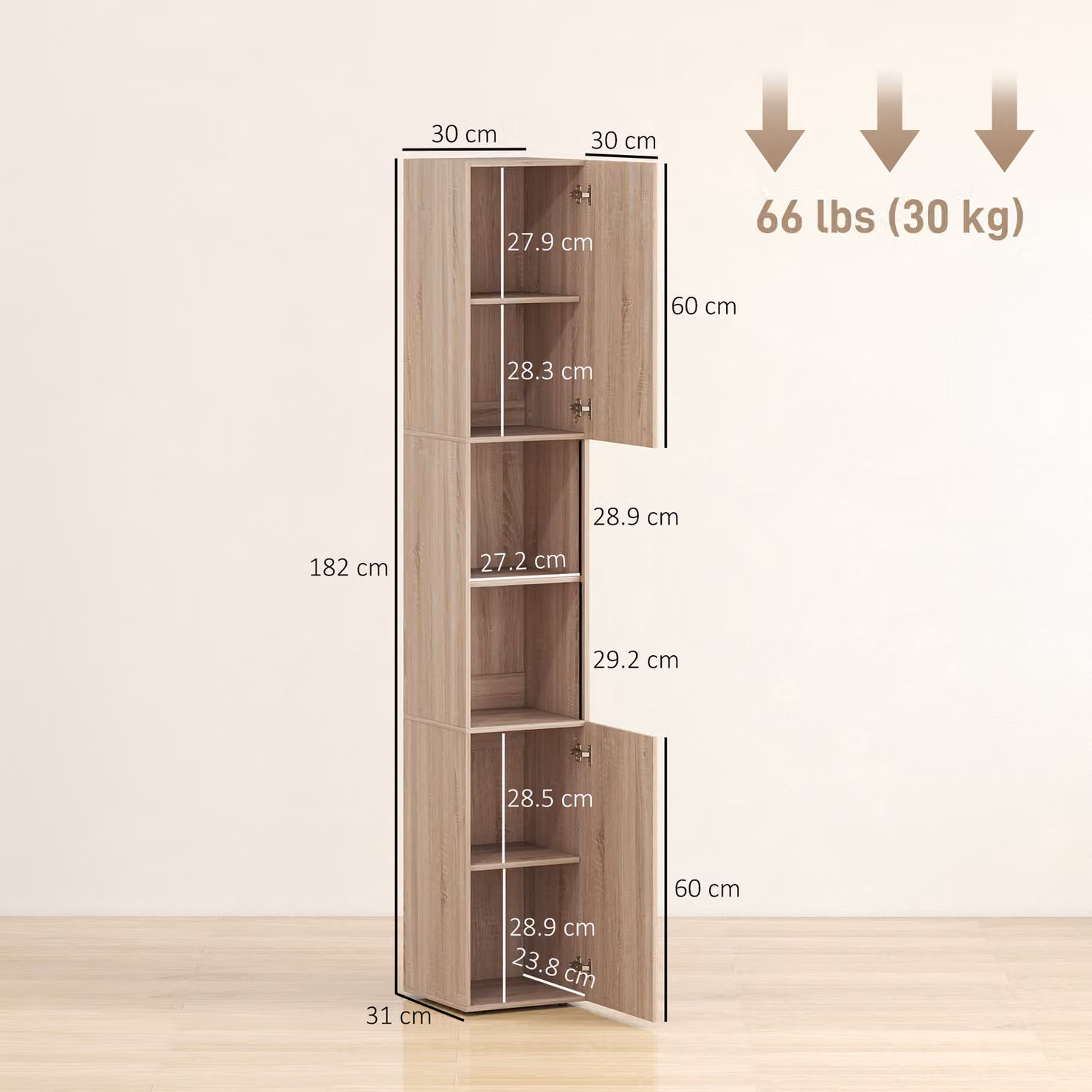 HOMCOM 6-Tier Tall Freestanding Bathroom Cabinet in Brown with Hinged Doors and Open Shelves – 3