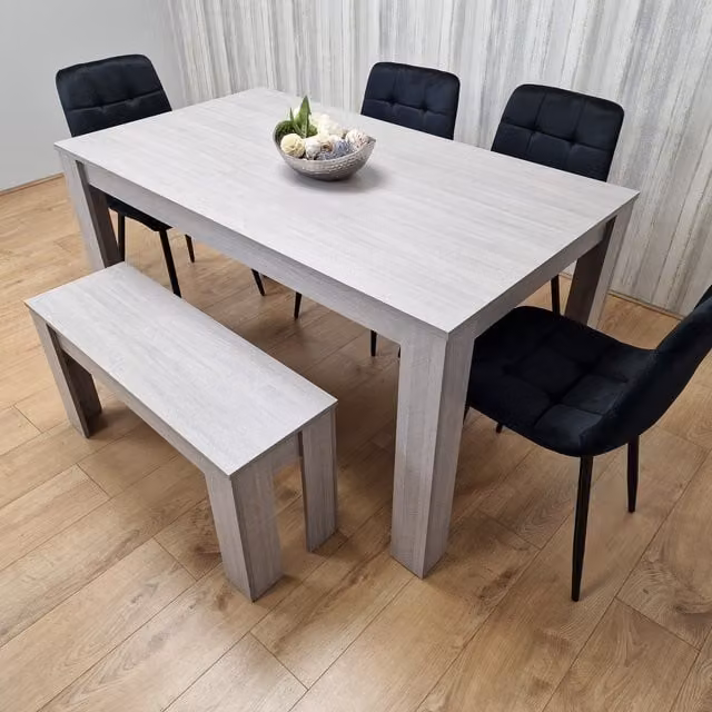 Kosy Koala Modern Rectangular Dining Set with Table, Bench and Four Chairs in Grey and Black