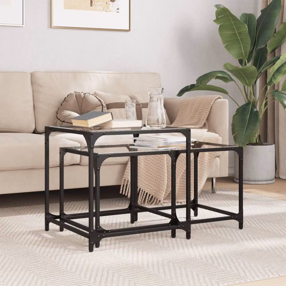 Berkfield Home Nesting Coffee Tables, 2 Piece Set with Transparent Glass Tops and Black Steel Frames – 2