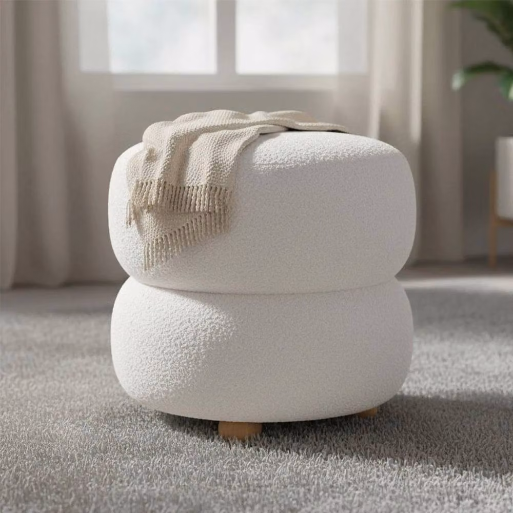 KORVIXA White Bouclé Teddy Fleece Round Upholstered Stool, Diameter: 100 cm, Height: 15 cm – 2