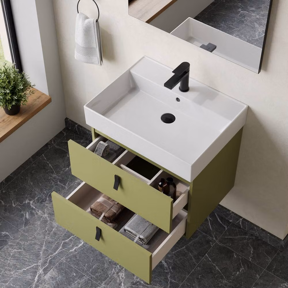 Banyetti Invicta 600mm Wall Hung Vanity with Veneto 1 Tap Hole Basin, Sage Green – 2