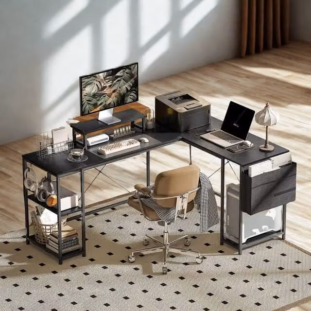 FURNOS Industrial L Shaped Corner Computer Desk in Black, W/D/H: 168 x 120 x 76 cm – 1