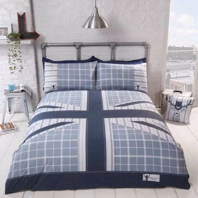 Rapport Home Cool Britannia Checked Polycotton Duvet Set and Pillowcase in Denim Blue, Single, 90 x 200 cm