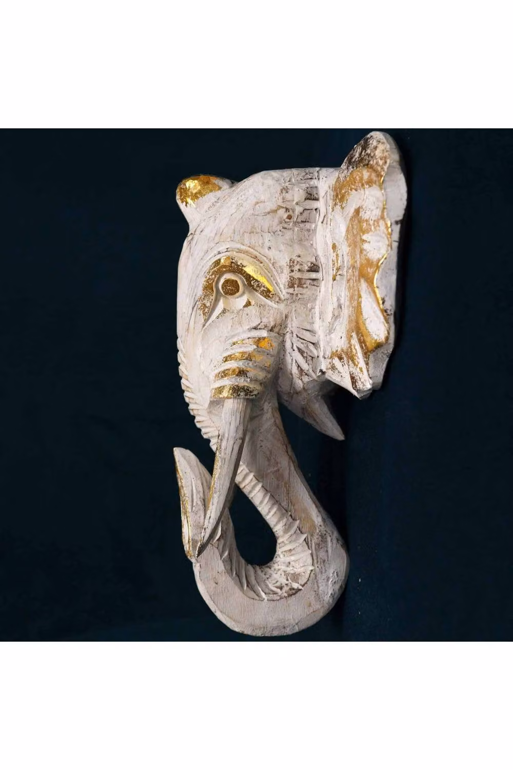 KDMD Hand-Carved Ethnic Elephant Head Wall Statue in Gold and White Wood – 2