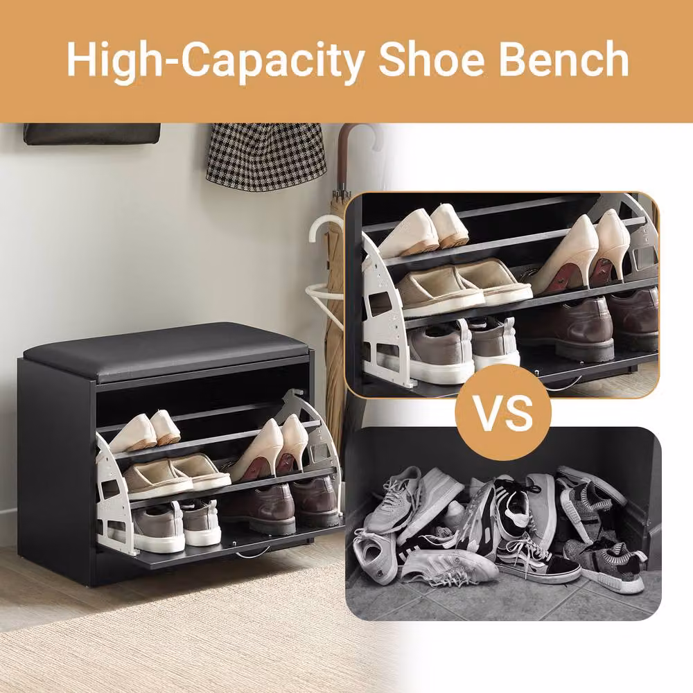 SoBuy Black Shoe Storage Bench with Synthetic Leather Seat Cushion – 2