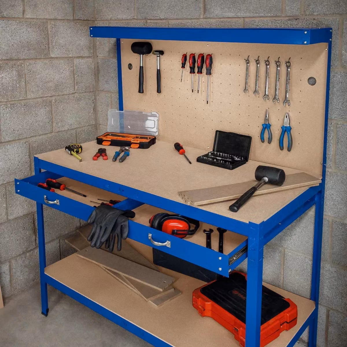 Monstershop Workbench with Pegboard and Light, Blue, W/D/H: 120 x 60 x 155 cm – 3