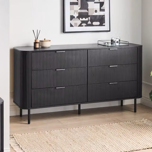 Wyld and Coco 6-Drawer Retro Sideboard in Black Matt MDF with Metal Legs, W/D/H: 153 x 47 x 81 cm