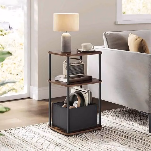 The Bazaarist 3 Tier Side Table with Fabric Basket in Walnut Brown
