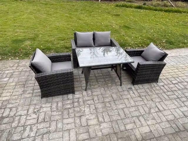 Fimous Dark Grey Rattan High Back Sofa and Dining Table Set for Garden and Terrace