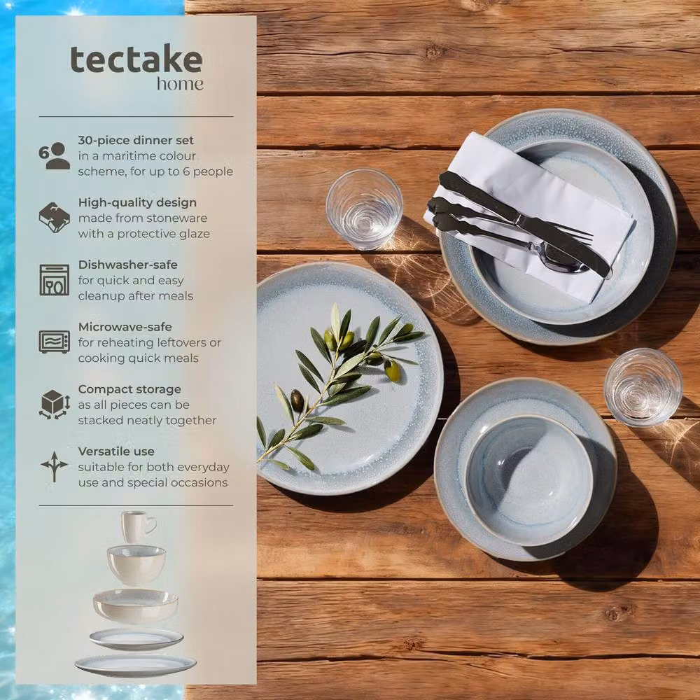 tectake Mare Glazed Stoneware Dinner Set for 6 People in Sand and Blue – 2