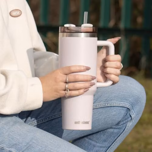 Milestone Camping 40oz Insulated Stainless Steel Travel Mug with Straw, Handle and Lid in Pebble – 2