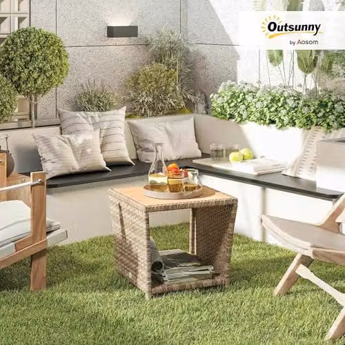 Outsunny 2-Tier PE Rattan Side Table with Storage Shelf, Beige – 2