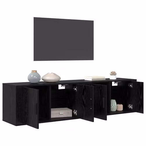 vidaXL Modern Wall-mounted TV Cabinet Set of 2 in Black Matt Engineered Wood