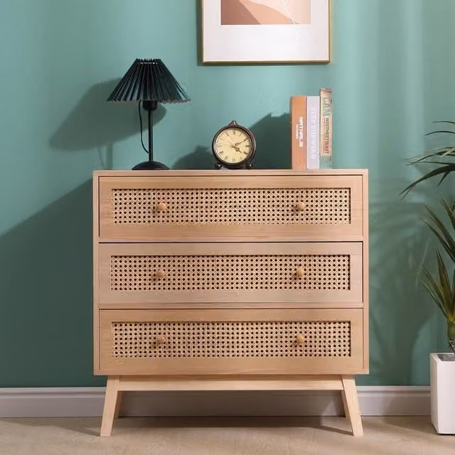Spot On Dealz Rattan Bedside Cabinet with 3 Drawers, Modern Slim Nightstand in Beige and Brown with Pine Wood Legs – 1