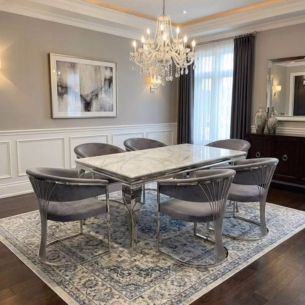 Home Luxe Interior Grey Marble and Silver Rectangular Dining Table with 6 Porado Grey Chairs, Width: 160 cm – 4