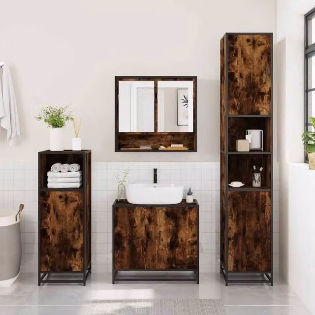 Berkfield Home 3 Piece Industrial Bathroom Furniture Set in Smoked Oak Brown – 1