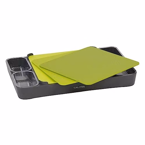 Calitek Set of 3 Green Plastic Chopping Boards with Storage Holder
