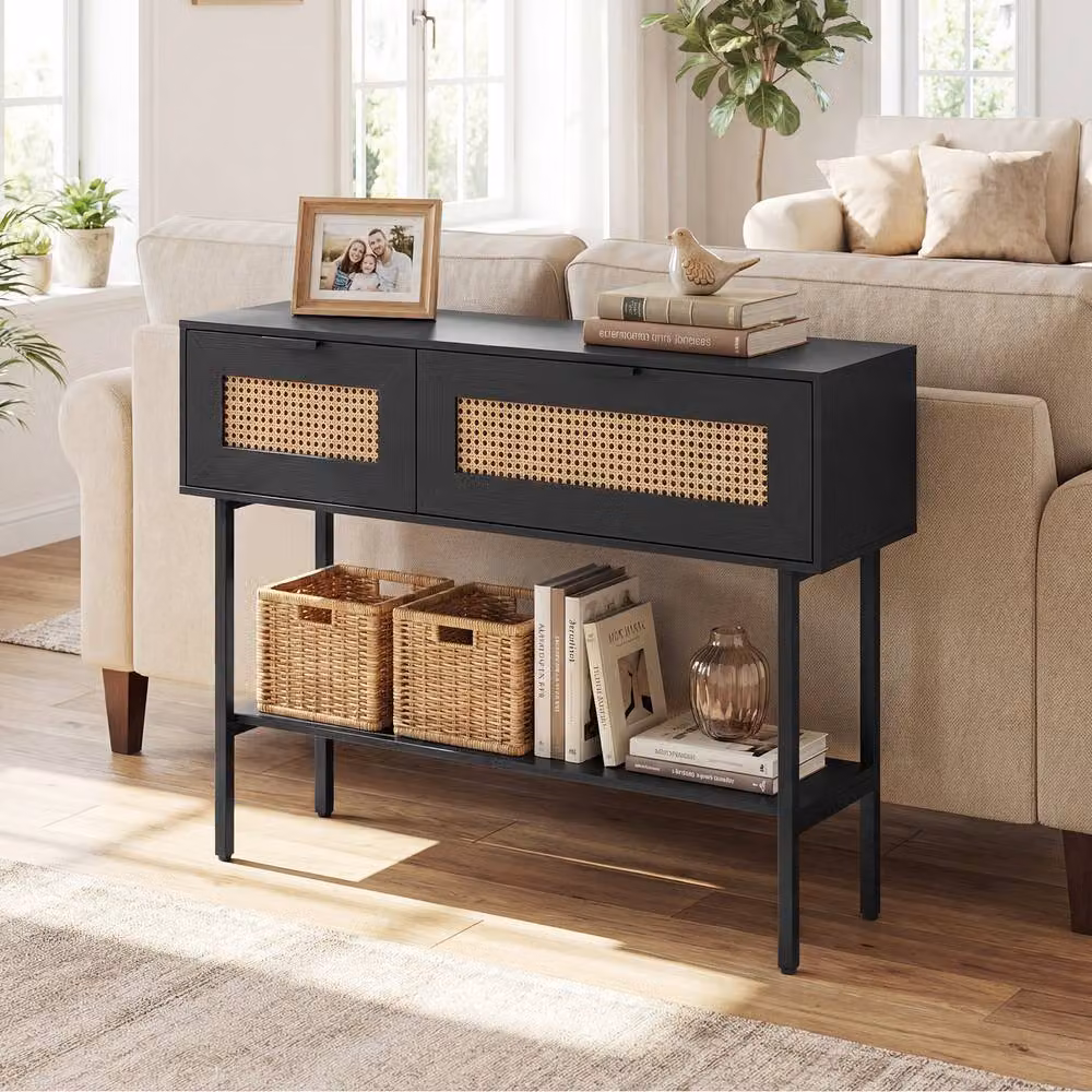 Costway Boho Rattan Console Table with Flip Doors and Open Shelf in Black – 3