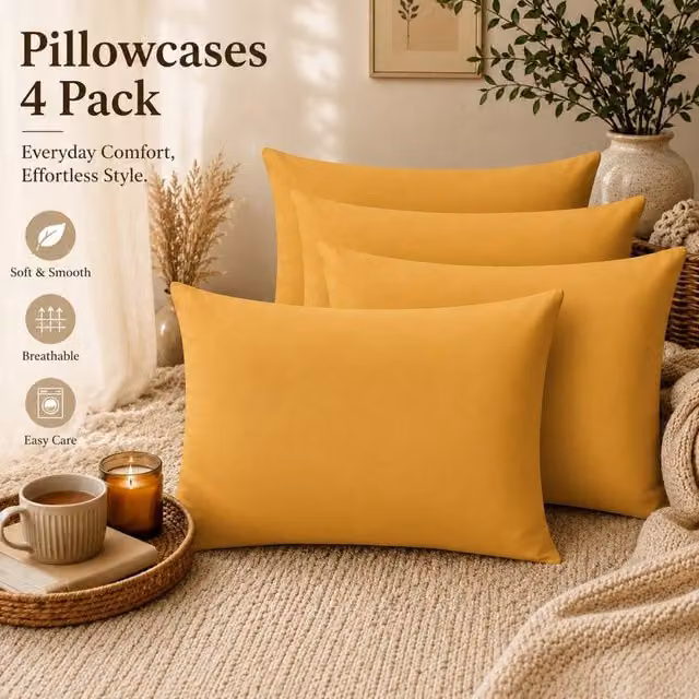 Pamposh Set of 4 Cotton Sateen Standard Pillow Cases in Yellow, 300 Thread Count