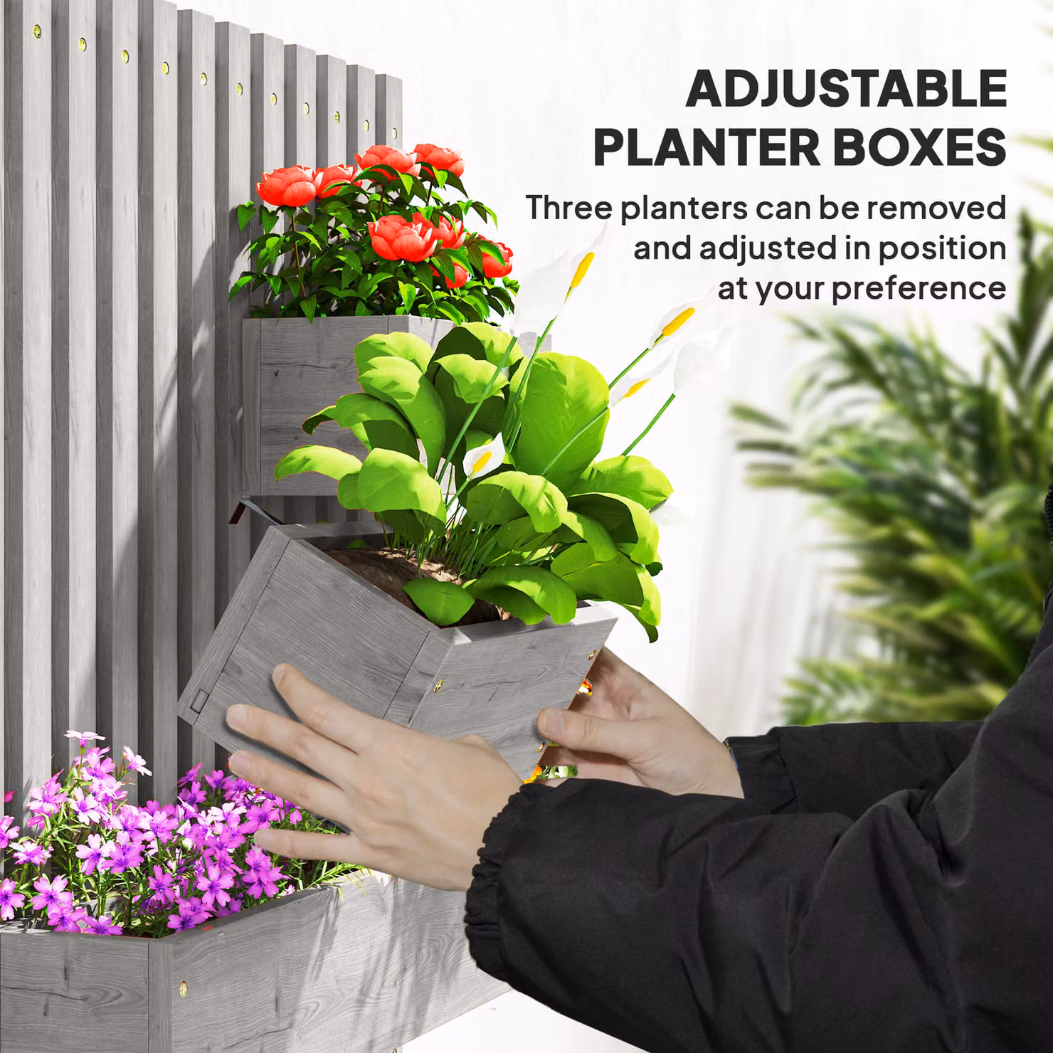 Outsunny Wall-mounted Wooden Garden Planters with Trellis and 3 Planter Boxes, Grey – 4