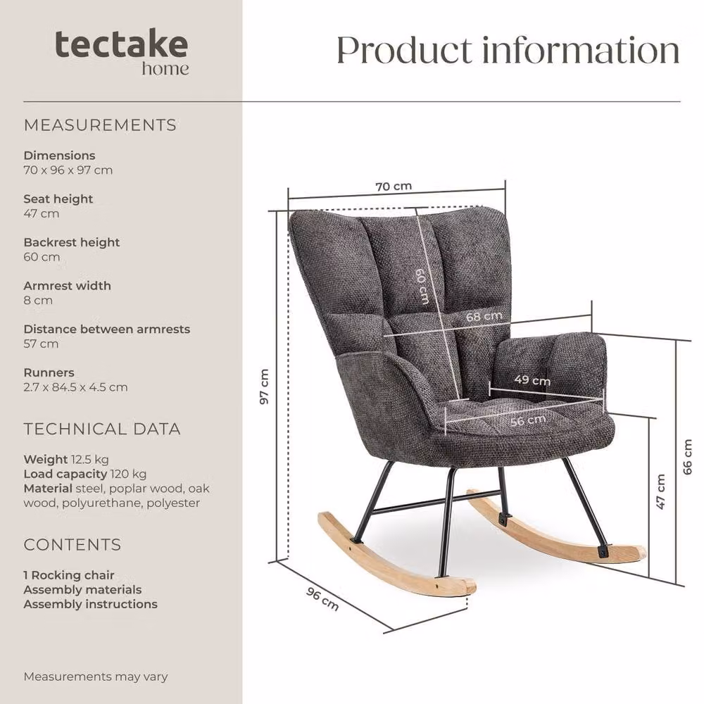 tectake Torve Rocking Chair with Plush Quilted Padding and Wooden Runners in Dark Grey – 6