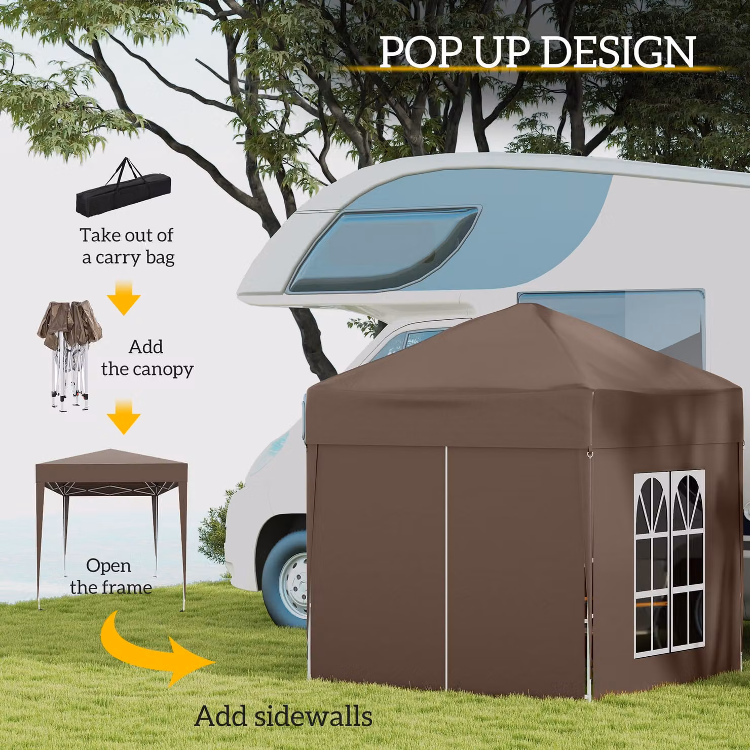 Outsunny Brown Pop Up Gazebo Party Tent Canopy Marquee with Steel Frame, W/D/H: 200 x 200 x 240 cm – 5