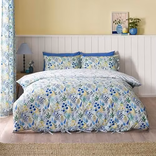 Catherine Lansfield Tilly Floral Reversible Duvet Cover and Pillowcase Set, Blue, W/D/H: 180 x 200 cm, Pillowcases: 50 x 75 cm
