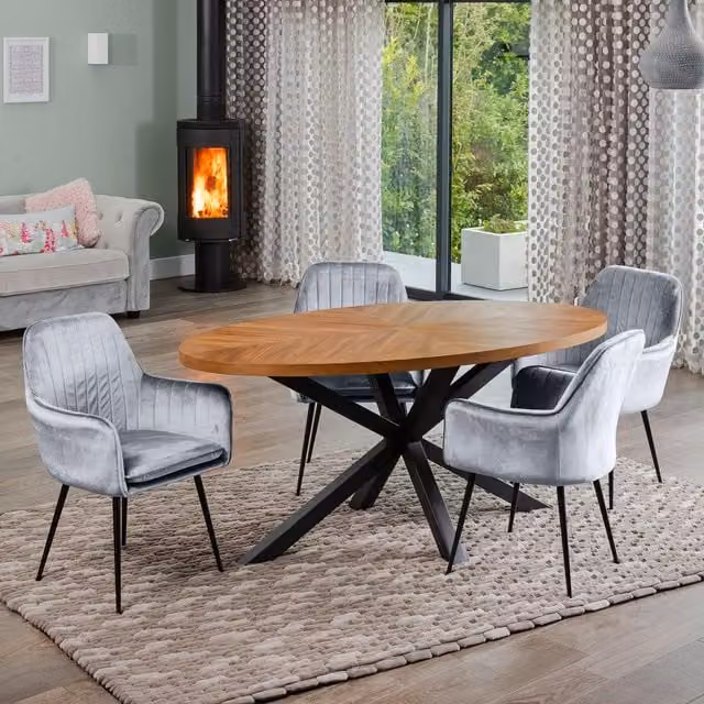 Artemis Home Dosenna Oval Dining Table Set with 4 Carrara Velvet Chairs in Light Grey
