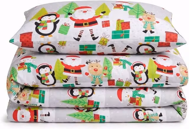 Velosso Xmas Ho Ho Red Cotton Rich Printed Duvet Cover and Pillowcase Set, W/D/H: 135 x 200 cm and 50 x 75 cm