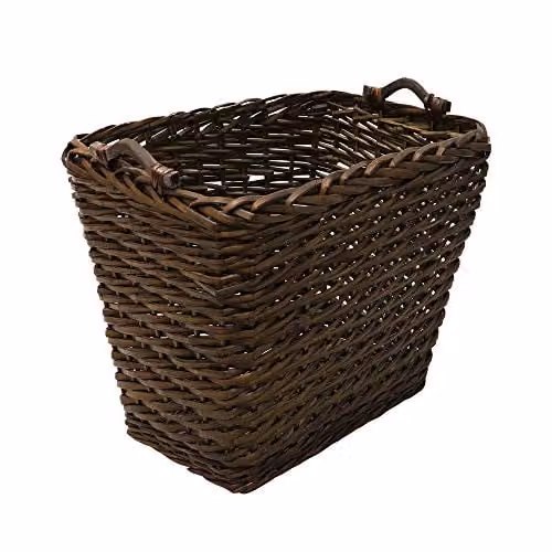 JVL Brown Vertical Weave Rectangle Log Basket with Wooden Handles W: 59.0 cm, D: 41.0 cm, H: 59.0 cm