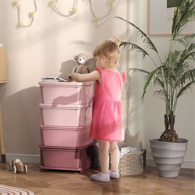 HOMCOM Pink 4 Drawer Freestanding Plastic Kids Storage Unit