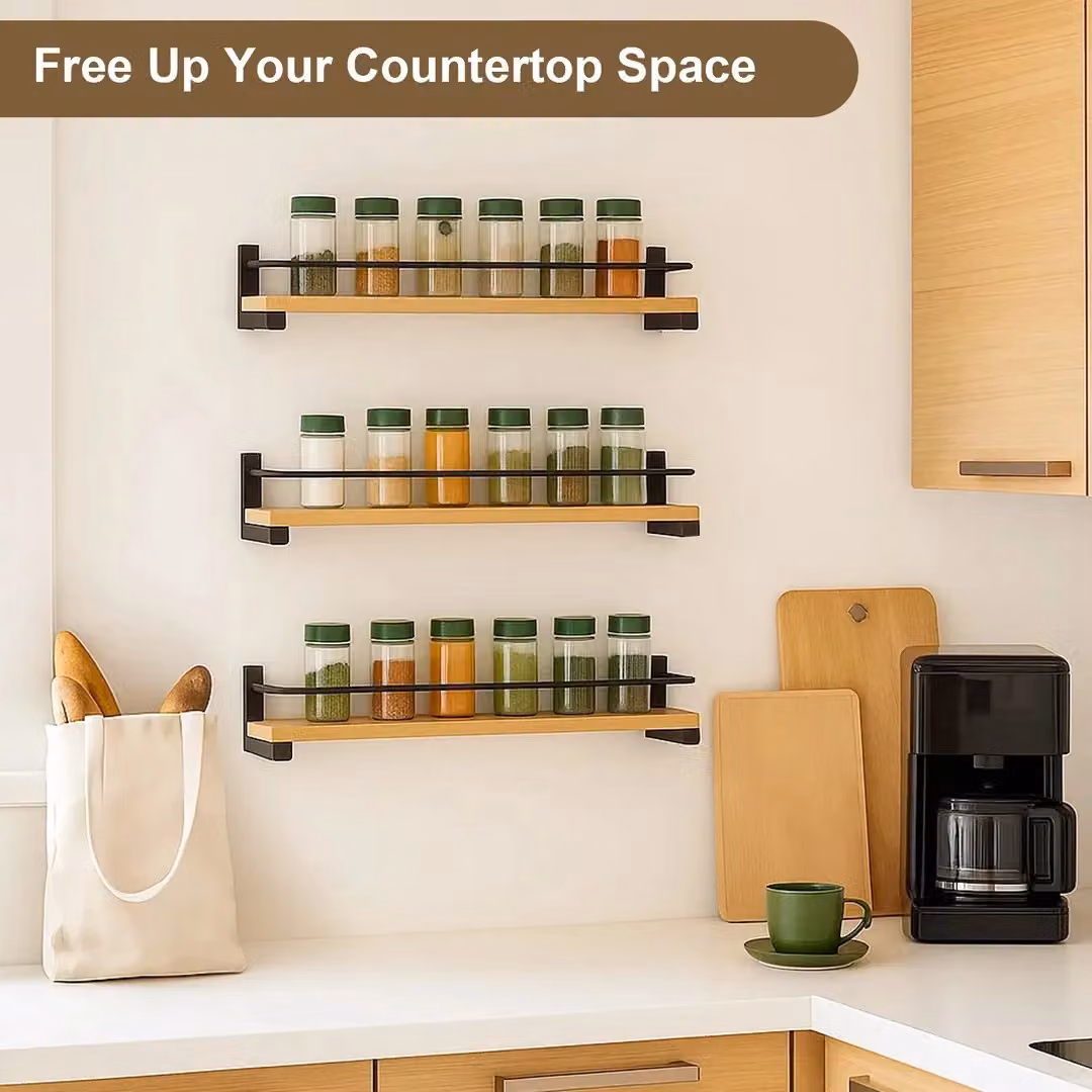 Hinsinc 2-Pack Brown Wooden Wall Mounted Kitchen Spice Racks, W/D/H: 40 x 9 x 7 cm – 5