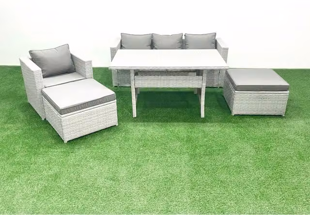 Fimous 6-Seater Rattan Outdoor Patio Dining Set in Light Grey Mixed with Dark Grey Fabric and Glass Top