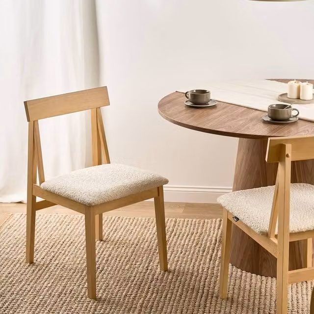 Wyld and Coco Set of 2 Armless Dining Chairs in Beige Bouclé and Light Brown Rubberwood