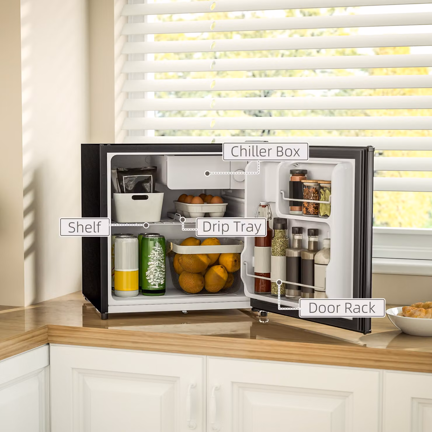 HOMCOM 46 Litre Lockable Countertop Fridge in Black with Reversible Door and Fresh Zone – 4