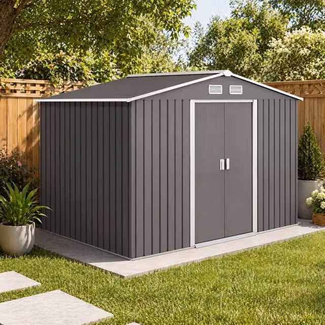 STILVORA Modern Steel Garden Storage Shed with Double Doors in Grey