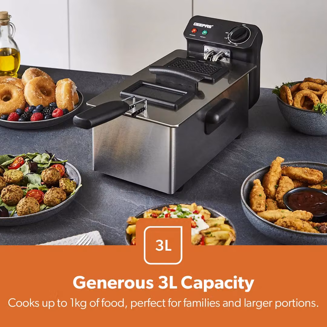 Geepas Deep Fat Fryer with 3L Basket and Timer in Metallic Silver – 3